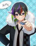  1boy absurdres black_hair black_necktie candy food fur-trimmed_jacket fur_trim green_hair grey_shirt highres indie_virtual_youtuber jacket kagari_tuepesyu long_sleeves male_focus multicolored_hair necktie purple_eyes purple_hair red_hair sakura_chiyo_(konachi000) shirt smile solo speech_bubble teeth virtual_youtuber 