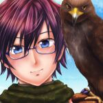  1boy bangs bird blue-framed_eyewear blue_eyes blush brown_gloves brown_hair camouflage_scarf closed_mouth commentary_request falcon glasses gloves green_scarf hair_between_eyes looking_at_viewer lowres male_focus nyankomofu portrait ragnarok_online ranger_(ragnarok_online) scarf semi-rimless_eyewear smile solo under-rim_eyewear 