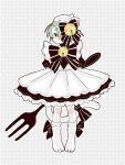  arms_behind_back bell blush bow cat_girl cat_tail dejiko di_gi_charat dress fork green_eyes green_hair hair_bell hair_ornament hat holding holding_fork looking_to_the_side neck_bell nordic50425 standing tail tail_bow tail_ornament white_footwear white_headwear 