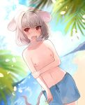  1girl alternate_costume animal_ears bangs beach blue_sky blue_swim_trunks blush breasts chidori_nekoro cloud commentary_request cowboy_shot day dutch_angle fisheye floppy_ears grey_hair hand_on_own_arm highres horizon looking_at_viewer male_swimwear_challenge mouse_ears mouse_girl mouse_tail nazrin nipples open_mouth outdoors palm_tree red_eyes short_hair sky small_breasts solo tail touhou tree water 