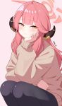  1girl absurdres alternate_costume aru_(blue_archive) black_horns black_pants blue_archive blush brown_sweater closed_mouth halo highres horns long_hair long_sleeves looking_at_viewer pants pink_background red_hair reia_76 simple_background solo squatting sweater twitter_username yellow_eyes 