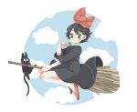  1girl black_cat black_dress black_eyes black_hair blue_sky blush bow broom broom_riding cat cloud cloudy_sky dress eyelashes highres jiji_(majo_no_takkyuubin) kiki_(majo_no_takkyuubin) majo_no_takkyuubin map nordic50425 red_bow red_footwear short_hair sky smile studio_ghibli witch 