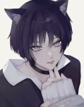  1boy :p animal_ear_fluff animal_ears black_collar black_hair black_shirt blue_eyes blunt_ends bob_cut cat_ears collar collared_shirt cross cross_earrings earrings english_commentary eyeshadow genshin_impact grey_background hair_between_eyes hand_on_another&#039;s_chin highres holding_another&#039;s_arm jewelry kemonomimi_mode looking_at_viewer makeup male_focus portrait pov pov_hands purple_eyeshadow scaramouche_(genshin_impact) shirt short_hair signature simple_background slit_pupils solo tongue tongue_out twitter_username yuun_ko 