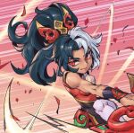  1girl bangs bare_shoulders black_hair breasts closed_mouth dress emphasis_lines hair_ornament large_breasts league_of_legends mythmaker_sivir phantom_ix_row ponytail red_background red_dress red_eyes shiny_skin sivir smile solo thighhighs white_dress white_hair white_thighhighs 