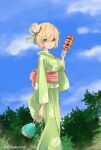  1girl blonde_hair fried_squid green_eyes hair_bun inaba_gou japanese_clothes kimono multicolored_hair obi outdoors sash short_hair signature sky smile tenka_hyakken yu_sakurai06 yukata 