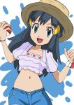  1girl :d alternate_costume bangs black_hair blue_shorts bracelet commentary_request cropped_shirt dawn_(pokemon) eyelashes frills grey_eyes hainchu hair_ornament hairclip hands_up hat highres holding holding_poke_ball jewelry long_hair navel open_mouth poke_ball poke_ball_(basic) pokemon pokemon_(anime) pokemon_dppt_(anime) poketch purple_shirt shirt short_sleeves shorts sidelocks smile solo tongue w_arms watch wristwatch yellow_headwear 
