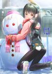  1girl :d abo_(kawatasyunnnosukesabu) ass black_hair blurry blurry_background brown_eyes earmuffs gloves highres kneeling long_hair looking_at_viewer original outdoors overalls scarf smile snow snowman solo twintails winter_clothes 