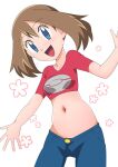  1girl bangs belly blue_eyes breasts brown_hair crop_top denim floral_background hainchu highres jeans looking_at_viewer may_(pokemon) midriff navel open_mouth pants pokemon pokemon_(anime) pokemon_(game) pokemon_rse pokemon_rse_(anime) shirt simple_background smile solo 