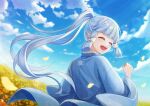  1girl :d ^_^ blue_hair blue_kimono blue_sky closed_eyes cloud day floating_hair flower genshin_impact hair_tubes high_ponytail japanese_clothes kamisato_ayaka kimono long_hair long_sleeves miona_yui open_mouth outdoors petals sky smile solo very_long_hair wide_sleeves yellow_flower 