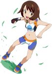  1girl :d alternate_costume bangs blue_footwear brown_eyes brown_hair commentary_request cosplay dynamax_band eyelashes full_body gloria_(pokemon) gloves gym_trainer_(pokemon) gym_trainer_(pokemon)_(cosplay) hainchu highres holding holding_poke_ball navel open_mouth partially_fingerless_gloves poke_ball poke_ball_(basic) pokemon pokemon_(game) pokemon_swsh shoes short_hair shorts single_glove smile solo sports_bra tongue v-shaped_eyebrows 
