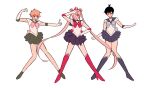  1girl 2boys back_bow bishoujo_senshi_sailor_moon black_hair blonde_hair blue_bow blue_choker blue_sailor_collar blush boots bow chainsaw_man choker claireiosity cosplay cross-shaped_pupils crossdressing denji_(chainsaw_man) embarrassed green_footwear green_sailor_collar green_skirt hair_over_one_eye hayakawa_aki highres long_hair looking_at_viewer multiple_boys open_mouth pink_bow pink_hair power_(chainsaw_man) red_bow red_footwear sailor_collar sailor_jupiter sailor_jupiter_(cosplay) sailor_mercury sailor_mercury_(cosplay) sailor_moon sailor_moon_(cosplay) short_hair simple_background skirt spiked_hair symbol-shaped_pupils tongue tongue_out topknot twintails v white_background yellow_eyes 