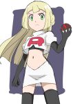  1girl alternate_costume bangs black_footwear black_gloves blonde_hair blunt_bangs boots closed_mouth commentary_request cosplay cowboy_shot cropped_jacket elbow_gloves eyelashes frown gloves green_eyes grey_background hainchu hand_up highres holding holding_poke_ball jacket jessie_(pokemon) jessie_(pokemon)_(cosplay) lillie_(pokemon) logo long_hair poke_ball poke_ball_(basic) pokemon pokemon_(anime) pokemon_sm_(anime) shirt sketch solo split_mouth team_rocket team_rocket_uniform thigh_boots white_jacket white_shirt 