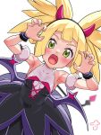  1girl :o armlet armpits bangs black_dress black_hairband blonde_hair blurry blush breasts commentary_request cosplay dress eyelashes fake_horns fangs green_eyes hairband hands_up highres horns iris_(fall_2022)_(pokemon) iris_(fall_2022)_(pokemon)_(cosplay) iris_(pokemon) kinocopro lillie_(pokemon) long_hair looking_at_viewer open_mouth pokemon pokemon_(game) pokemon_masters_ex pokemon_sm simple_background solo tongue white_background wrist_cuffs 