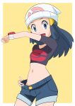  1girl absurdres alternate_costume beanie black_hair border collarbone commentary_request cowboy_shot cropped_shirt dawn_(pokemon) eyelashes grey_eyes grey_shorts hainchu hair_ornament hairclip hand_on_hip hand_up happy hat highres long_hair midriff navel open_mouth poke_ball_print pokemon pokemon_(anime) pokemon_dppt_(anime) poketch shirt short_shorts short_sleeves shorts sidelocks smile solo watch white_border white_headwear wristwatch yellow_background 