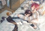  2boys bangs bed black_hair blanket book cellphone closed_eyes commentary_request drawer earphones ensemble_stars! hand_on_another&#039;s_back isara_mao long_sleeves lying male_focus multiple_boys on_bed on_side open_book open_mouth partial_commentary phone pillow purple_hair sakuma_ritsu scarf seuga short_hair sleeping slippers smartphone trash_can yaoi 
