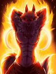  abs anthro canid canine canis death_(puss_in_boots) fire front_view glowing glowing_eyes hands_behind_head hi_res kyron-ladon male mammal puss_in_boots_the_last_wish red_eyes shirtless sickles solo weapon whistling wolf 