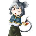  1girl ;d animal_ears bangs basket capelet dress green_dress grey_hair holding holding_with_tail jewelry long_sleeves mouse_ears mouse_girl mouse_tail nazrin one_eye_closed open_mouth pendant prehensile_tail red_eyes short_hair smile solo sukuna_shinmyoumaru tail touhou yaise 