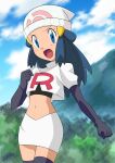  1girl alternate_costume beanie black_gloves black_hair black_shirt blue_eyes blush boots cloud commentary_request cosplay cropped_jacket dawn_(pokemon) day elbow_gloves eyelashes gloves hainchu hair_ornament hairclip hand_up hat highres jacket jessie_(pokemon) jessie_(pokemon)_(cosplay) logo long_hair midriff navel open_mouth outdoors poke_ball_print pokemon pokemon_(anime) pokemon_dppt_(anime) shirt short_sleeves skirt sky solo thigh_boots white_headwear white_jacket white_skirt 
