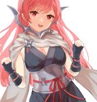  1girl :d arm_warmers breasts cherche_(fire_emblem) cherche_(ninja)_(fire_emblem) cleavage elbow_gloves fingerless_gloves fire_emblem fire_emblem_heroes gloves highres jurge long_hair looking_at_viewer medium_breasts ninja pink_eyes pink_hair scarf simple_background smile solo upper_body white_background white_scarf wrist_guards 