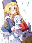  1girl :&lt; =3 alolan_vulpix bangs blonde_hair blush braid bucket capelet closed_mouth coat commentary_request diamond_(shape) eyelashes frown fur-trimmed_capelet fur-trimmed_coat fur_trim green_eyes hat highres holding holding_pokemon kinocopro leaning_forward lillie_(pokemon) long_hair long_sleeves pants pink_mittens pokemon pokemon_(anime) pokemon_(creature) pokemon_sm_(anime) simple_background twin_braids white_background white_pants 