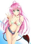  1girl 2020 ahoge bangs bare_arms bikini bikini_under_clothes blush breasts cleavage closed_mouth collarbone dated demon_tail floating_hair green_eyes grey_shorts hair_between_eyes hair_ornament hairclip halterneck highres lala_satalin_deviluke long_hair looking_at_viewer micro_shorts navel open_clothes open_shorts pink_hair shiny_skin shorts sideboob sketch smile solo swimsuit tail thigh_gap to_love-ru tsuji643163271 v very_long_hair white_background 