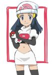  1girl beanie black_gloves black_hair boots closed_mouth commentary_request cosplay cropped_jacket dawn_(pokemon) elbow_gloves eyelashes gloves grey_eyes hainchu hair_ornament hairclip hat highres holding holding_poke_ball jacket jessie_(pokemon) jessie_(pokemon)_(cosplay) logo long_hair looking_at_viewer navel poke_ball poke_ball_(basic) pokemon pokemon_(anime) pokemon_dppt_(anime) sidelocks skirt smile solo split_mouth team_rocket team_rocket_uniform thigh_boots white_headwear white_jacket white_skirt 
