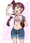  1girl :d ahoge alternate_costume backpack bag bangs brown_bag brown_hair chloe_(pokemon) commentary_request cropped_shirt eyelashes flower green_eyes grey_shorts hainchu hair_flower hair_ornament hand_up highres holding_strap long_hair looking_up open_mouth pink_flower poke_ball_print pokemon pokemon_(anime) pokemon_journeys shirt short_sleeves shorts smile solo teeth tongue upper_teeth_only white_shirt 
