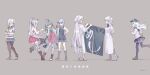  6+girls ahoge apron artist_name asashimo_(kancolle) asashimo_kai_ni_(kancolle) banner belt boots bow bowtie cape detached_sleeves dress expressions fuyutsuki_(kancolle) gloves grey_hair halter_dress halterneck hamakaze_(kancolle) hibiki_(kancolle) high_heel_boots high_heels highres holding holding_own_arm kantai_collection kasumi_(kancolle) kasumi_kai_ni_(kancolle) kiyoshimo_(kancolle) leggings long_hair looking_at_another looking_back military military_uniform miniskirt multiple_girls multiple_persona necktie pantyhose ponytail running school_uniform serafuku shadow short_hair side_ponytail skirt sugue_tettou suzutsuki_(kancolle) thighhighs twitter_username uniform very_long_hair white_dress white_gloves 
