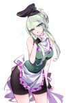  1girl :d adapted_costume apron bare_shoulders bike_shorts black_gloves breasts contrapposto covered_navel cowboy_shot fingerless_gloves gloves green_eyes green_hair heart looking_at_viewer raptor7 simple_background smile solo teireida_mai touhou white_background 