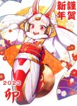  1girl 2023 animal_ears bunny_pose chinese_zodiac commentary_request eidenjyou1997 floral_print fur_collar fur_trim gloves highres japanese_clothes kimono nengajou new_year original rabbit_ears red_eyes teeth upper_teeth_only white_gloves white_hair white_kimono wide_sleeves year_of_the_rabbit 