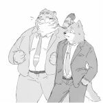  2023 anthro bottomwear canid canine canis clothing domestic_dog duo felid kemono male mammal necktie overweight overweight_male pantherine pants pommn_mn shirt tiger tongue tongue_out topwear 