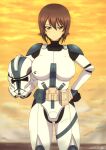  1girl armor blush breasts brown_eyes brown_hair bukkuri clone_trooper closed_mouth dated girls_und_panzer hand_on_hip headwear_removed helmet helmet_removed large_breasts looking_at_viewer nishizumi_maho outdoors shiny_skin short_hair signature sky smile solo star_wars straight-on 