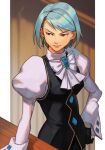  1girl ace_attorney ascot bangs black_eyes black_gloves black_vest blue_hair buttons closed_mouth earrings franziska_von_karma gem gloves hand_on_hip hungry_clicker jewelry juliet_sleeves lips long_sleeves looking_away mole mole_under_eye pink_lips puffy_sleeves shirt short_hair solo swept_bangs vest vest_over_shirt white_ascot white_shirt 