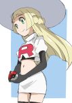  1girl alternate_costume black_gloves blonde_hair blue_background boots border braid closed_mouth commentary_request cosplay cropped_jacket elbow_gloves eyelashes from_side gloves green_eyes hainchu hat highres holding holding_poke_ball jacket jessie_(pokemon) jessie_(pokemon)_(cosplay) lillie_(pokemon) logo long_hair poke_ball poke_ball_(basic) pokemon pokemon_(anime) pokemon_sm_(anime) skirt smile solo split_mouth team_rocket team_rocket_uniform thigh_boots white_border white_headwear white_jacket white_skirt 