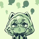  1girl animal_ears bow bowtie cat_ears character_request chestnut_mouth chibi commentary_request glasses green_background hood hoodie looking_up monochrome open_mouth original semi-rimless_eyewear short_hair simple_background solo sweatdrop thick_eyebrows torotei upper_body 