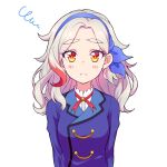  1girl aikatsu! aikatsu!_(series) blue_bow blue_hairband blue_jacket blush bow bow_hairband closed_mouth dress_shirt frown grey_hair hair_bow hairband highres jacket kurosawa_rin_(aikatsu!) kyoutsuugengo long_hair long_sleeves looking_at_viewer multicolored_hair neck_ribbon red_hair red_ribbon ribbon school_uniform shirt solo starlight_academy_school_uniform streaked_hair two-tone_hair upper_body white_background white_shirt yellow_eyes 