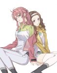  2girls between_legs blue_eyes brown_eyes brown_hair celestial_being_uniform closed_mouth clothes_down feldt_grace grey_pants grin gundam gundam_00 gundam_00_a_wakening_of_the_trailblazer hairband hand_between_legs highres jacket long_hair mileina_vashti multiple_girls nanao_parakeet open_clothes open_jacket pants pink_hair pink_jacket shirt sidelocks simple_background sitting sketch sleeves_past_wrists smile thighhighs white_background white_hairband white_shirt white_thighhighs 