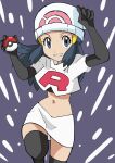  1girl arm_up beanie black_footwear black_hair boots commentary_request cosplay cropped_jacket dawn_(pokemon) eyelashes grey_eyes grin hainchu hand_up hat highres holding holding_poke_ball jacket jessie_(pokemon) jessie_(pokemon)_(cosplay) leg_up logo long_hair looking_at_viewer navel poke_ball poke_ball_(basic) pokemon pokemon_(anime) pokemon_dppt_(anime) skirt smile solo team_rocket team_rocket_uniform teeth thigh_boots white_headwear white_jacket white_skirt 