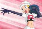  1girl alternate_costume beanie black_gloves black_hair black_shirt blue_eyes clenched_hand commentary_request cosplay cropped_jacket dawn_(pokemon) elbow_gloves eyelashes floating_hair gloves hainchu hair_ornament hairclip hat highres jacket jessie_(pokemon) jessie_(pokemon)_(cosplay) logo long_hair looking_to_the_side navel open_mouth outstretched_arm poke_ball_print pokemon pokemon_(anime) pokemon_dppt_(anime) shirt skirt solo spread_fingers team_rocket team_rocket_uniform white_headwear white_jacket white_skirt 