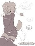 anthro blush blush_lines breasts canid canine canis clothing domestic_dog female fishbone hair jam_(joycawn) joycawn legwear mammal messy_hair question_mark silly simple_background squish stockings tail tail_motion tailwag tongue tongue_out 