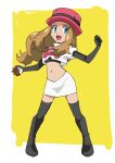  1girl :d alternate_costume black_footwear black_gloves blue_eyes boots border brown_hair commentary_request cosplay cropped_jacket elbow_gloves eyelashes full_body gloves hainchu happy hat hat_ribbon highres holding holding_poke_ball jacket jessie_(pokemon) jessie_(pokemon)_(cosplay) legs_apart logo long_hair navel open_mouth pink_headwear poke_ball poke_ball_(basic) pokemon pokemon_(anime) pokemon_xy_(anime) ribbon serena_(pokemon) sidelocks skirt smile solo standing team_rocket team_rocket_uniform thigh_boots tongue white_border white_jacket white_skirt yellow_background 