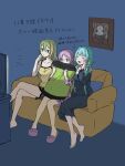  3girls alina_gray alternate_costume barefoot blonde_hair blue_eyes blue_hair couch crossed_legs dress goo_ii green_eyes green_hair hand_on_own_face highres long_hair magia_record:_mahou_shoujo_madoka_magica_gaiden mahou_shoujo_madoka_magica misono_karin multiple_girls object_hug open_mouth pajamas pillow pillow_hug pink_hair scared sena_mikoto shirt shorts sitting smile tears television watching_television 