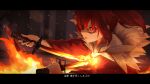  1girl commentary dual_wielding embers fire glowing glowing_eyes highres holding japanese_clothes katana kimono kis_sako letterboxed original red_hair solo stab sword translated weapon 