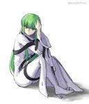  1girl bangs bodysuit boots brown_eyes c.c. closed_mouth code_geass frown full_body green_hair hair_between_eyes long_hair long_sleeves setu_kurokawa simple_background sitting solo straight_hair twitter_username very_long_hair white_background white_bodysuit white_footwear wide_sleeves 