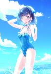  1girl arm_behind_head bangs bare_arms bare_legs blue_bow blue_eyes blue_hair blue_one-piece_swimsuit blue_sky blush bow breasts casual_one-piece_swimsuit choker cleavage cloud collarbone delicious_party_precure earrings fuwa_kokone hair_bow highres jewelry kyoutsuugengo long_hair ocean one-piece_swimsuit open_mouth plaid plaid_swimsuit precure sky small_breasts solo swept_bangs swimsuit wading white_choker 