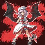  1girl aksawshin ascot bat_wings black_footwear blood collared_shirt fang fangs frilled_shirt_collar frilled_skirt frilled_sleeves frills full_body hat hat_ribbon jewelry light_purple_hair looking_at_viewer mob_cap pixel_art puffy_short_sleeves puffy_sleeves red_ascot red_eyes red_nails red_ribbon remilia_scarlet ribbon ring sash shirt short_hair short_sleeves skirt skirt_set smile solo spear_the_gungnir standing touhou white_headwear white_shirt white_skirt wings wrist_cuffs 