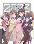  2023 4girls bangs black_leotard blue_eyes blush bow bowtie breasts brown_eyes brown_hair brown_pantyhose celery_oisiiii cleavage commentary_request dawn_(pokemon) detached_collar gloria_(pokemon) green_(pokemon) grin hand_up highres leotard long_hair long_sleeves looking_at_viewer may_(pokemon) multiple_girls nail_polish pantyhose pokemon pokemon_adventures short_hair smile sparkle tailcoat teeth v wrist_cuffs yellow_leotard yellow_nails 