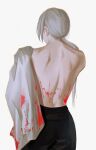  1girl back black_pants blood blood_on_back blood_on_clothes chainsaw_man highres long_hair looking_to_the_side pants ponytail quanxi_(chainsaw_man) shirt shirt_removed simple_background solo sudstance topless white_background white_hair white_shirt 