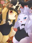  2023 :&lt; abstract_background alternate_version_at_source anthro black_hair blue_eyes bow_tie breasts bunny_costume bunny_ears_(gesture) canid canine cleavage clothed clothing costume duo fake_ears fake_rabbit_ears female fox fur gesture hair hi_res hime_cut holidays kemono leotard long_hair mammal mehajiki new_year new_year_2023 paws playboy_bunny red_eyes sakame_(ukan_muri) shirt_collar short_stack slightly_chubby small_breasts smile tsune-hime ukan_muri white_body white_fur white_hair wide_hips yellow_body yellow_fur 