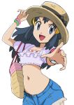  1girl :d alternate_costume bag bangs black_hair blue_shorts bracelet brown_headwear collarbone commentary_request cropped_shirt dawn_(pokemon) eyelashes frills grey_eyes hainchu hand_on_headwear hat hat_ribbon highres jewelry long_hair looking_at_viewer midriff navel open_mouth pokemon pokemon_(anime) pokemon_dppt_(anime) poketch purple_shirt ribbon shirt short_sleeves shorts simple_background smile solo tongue watch white_background wristwatch 